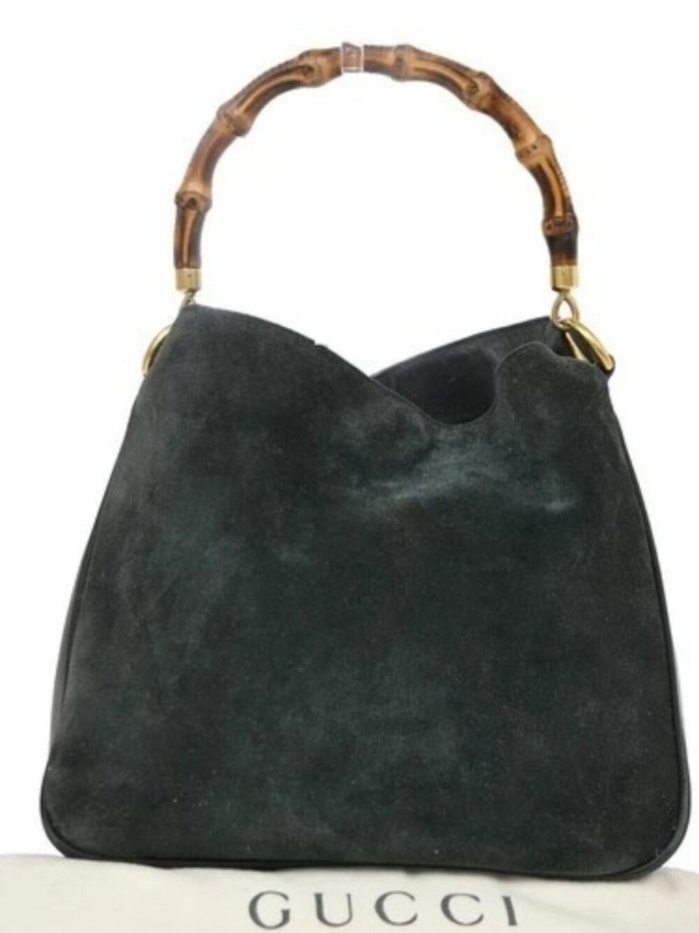 GUCCI Logo Bamboo Top Handle Hand Bag Leather Suede Green Italy GHW 05KD785